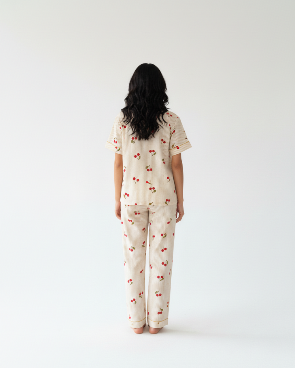 Cherry Delight Pajama Set – Short Sleeve Top & Long Pants in Beige Stripes