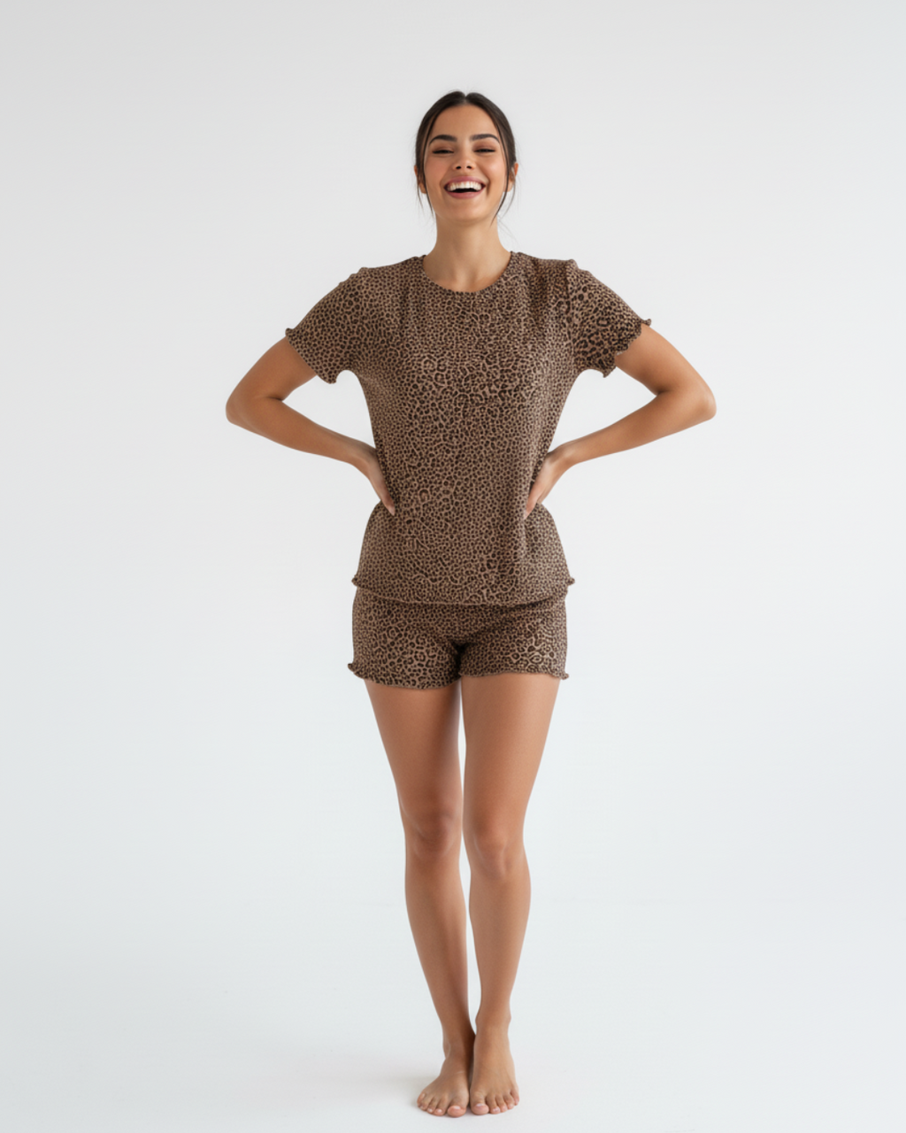 Women's Cotton Short Pajama set - Brown Round Neck Polo with Matching Shorts