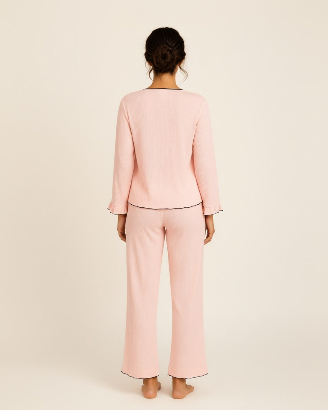 Women’s Cotton Pajama Set with Bow Tie Detail – Long Sleeve Top and Pants PJ Set