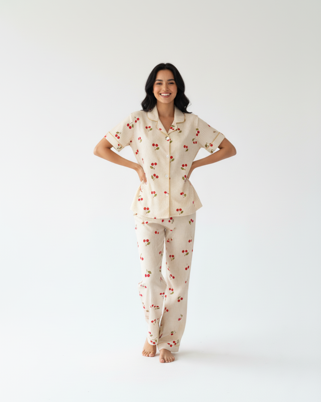 Cherry Delight Pajama Set – Short Sleeve Top & Long Pants in Beige Stripes