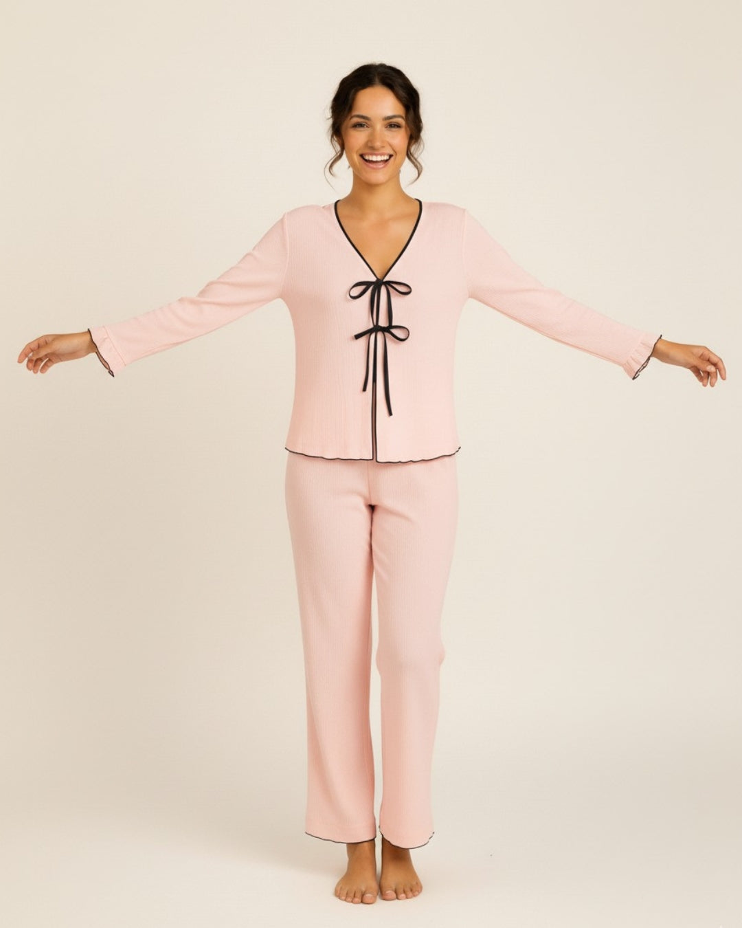 Women’s Cotton Pajama Set with Bow Tie Detail – Long Sleeve Top and Pants PJ Set