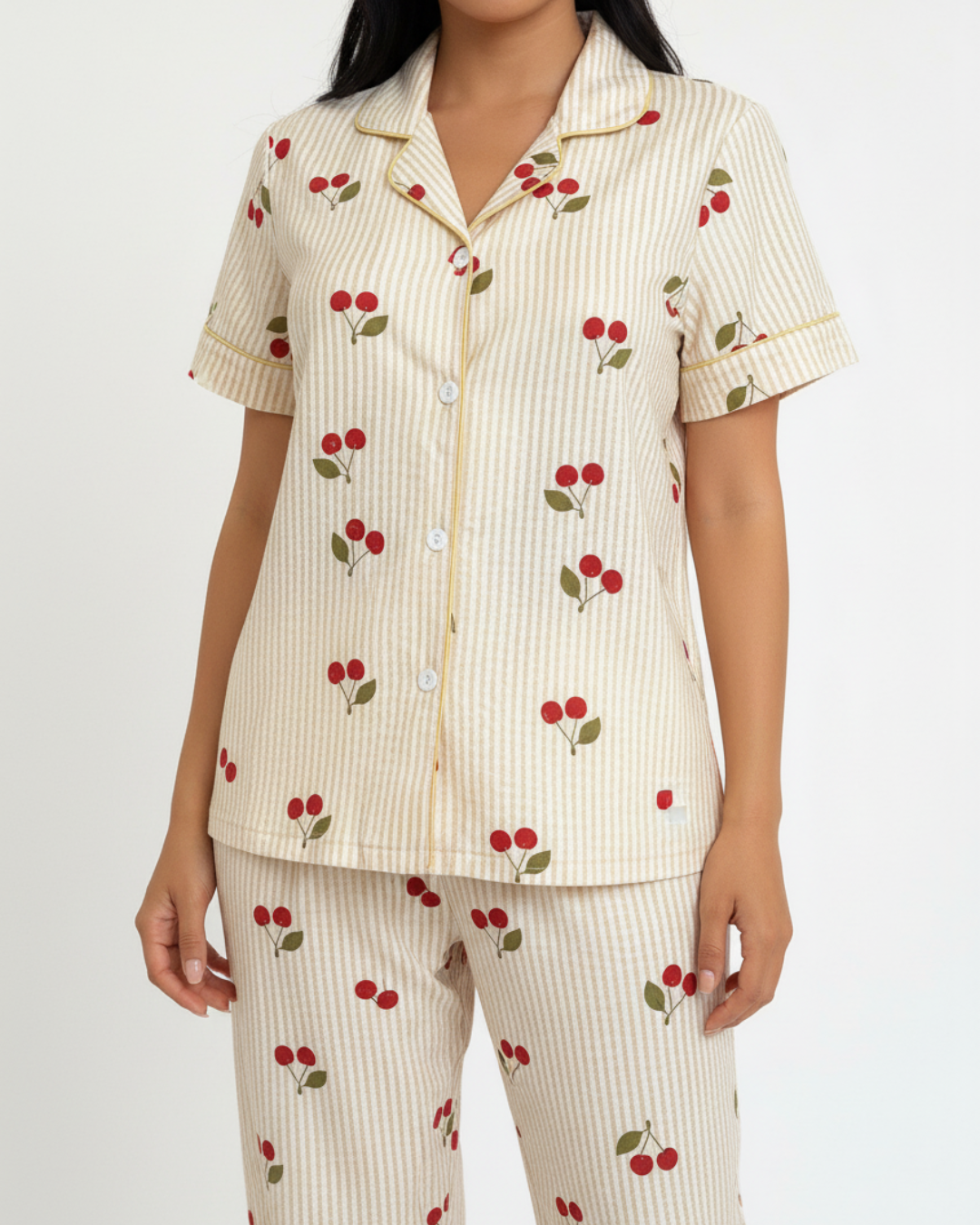 Cherry Delight Pajama Set – Short Sleeve Top & Long Pants in Beige Stripes