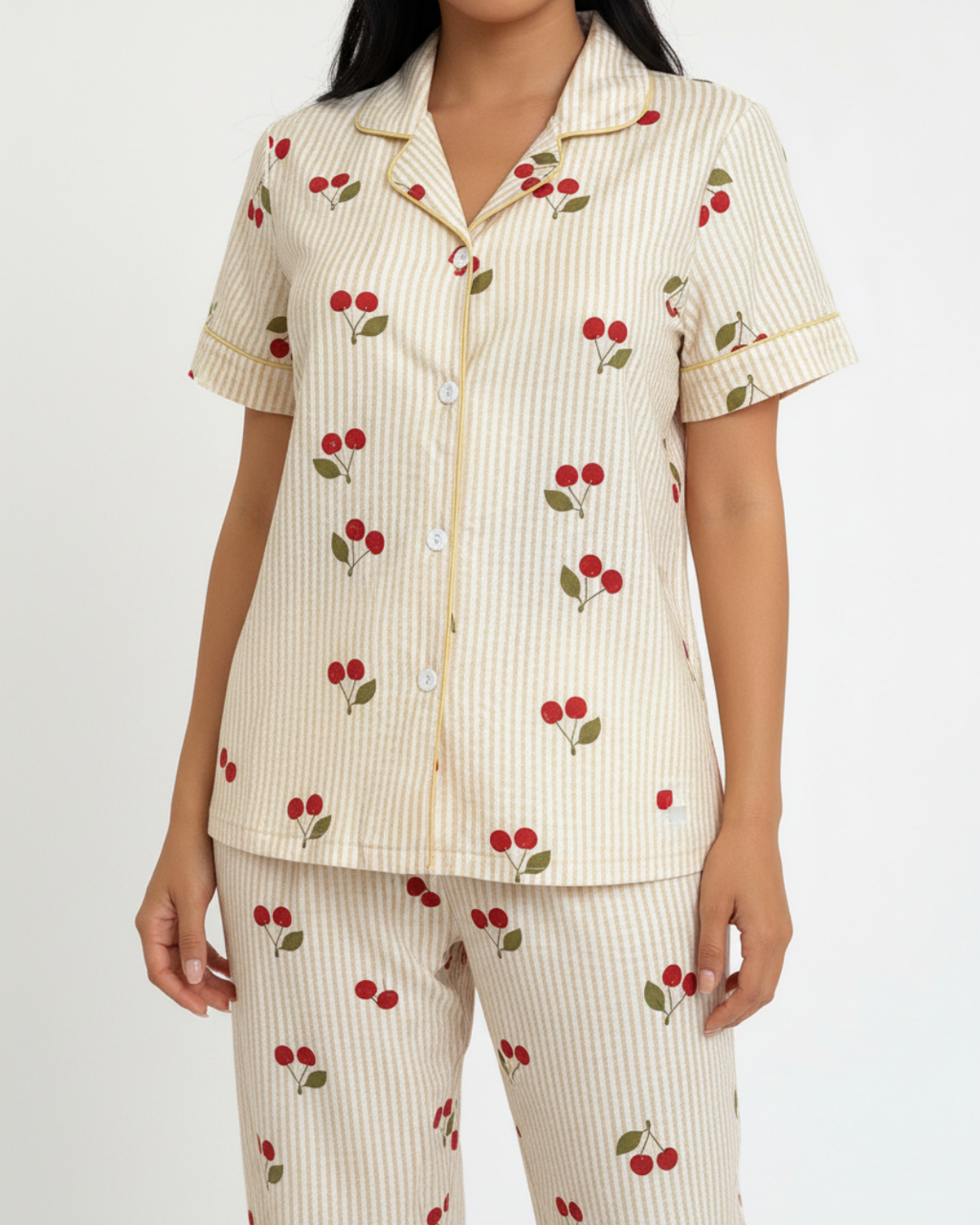 Cherry Delight Pajama Set – Short Sleeve Top & Long Pants in Beige Stripes