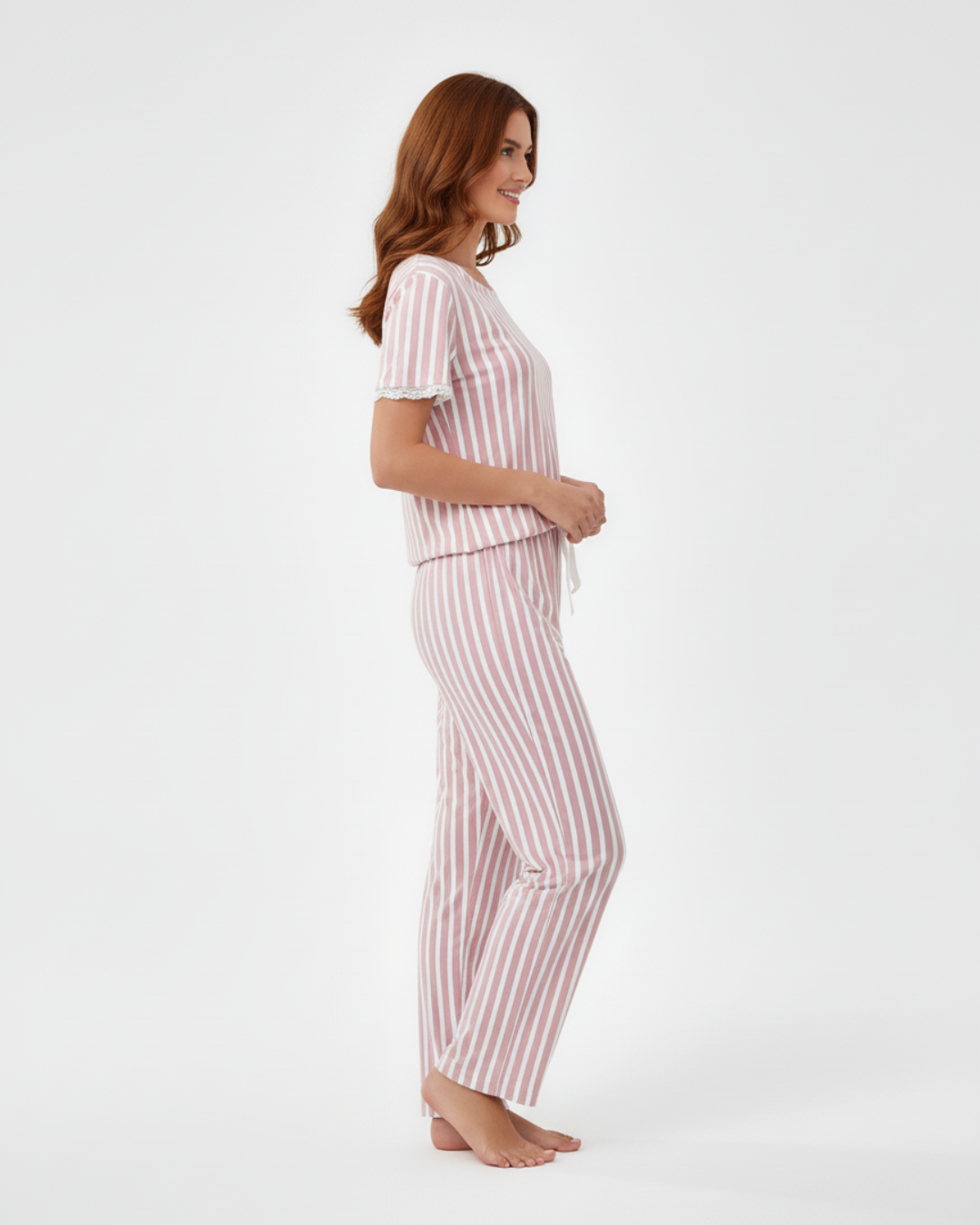 Women’s Pink Striped Pajama Set – Short Sleeve Top and Long Pants with Tie Waist