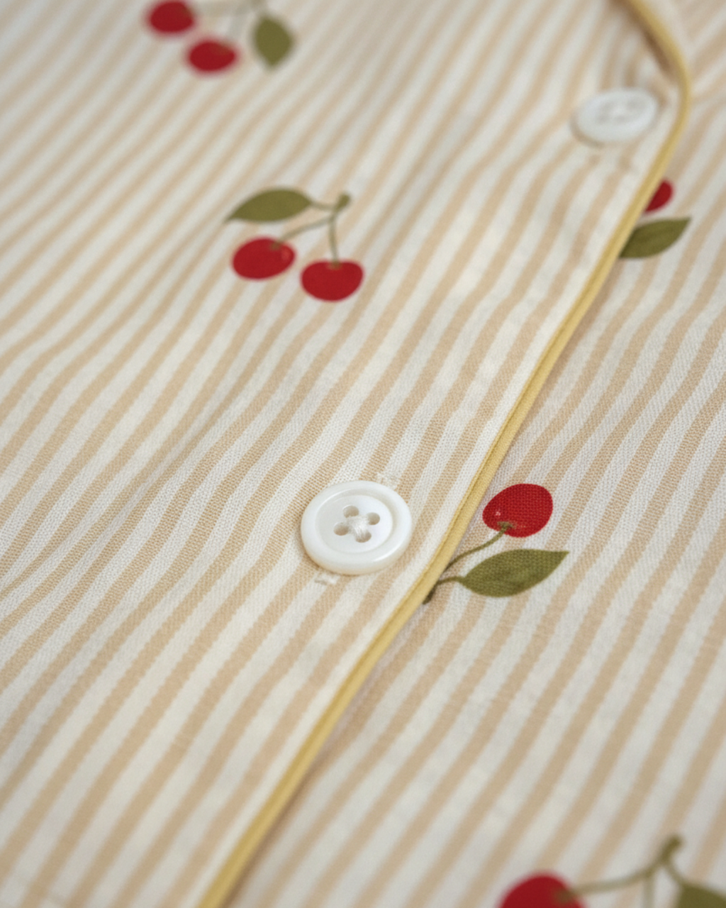 Cherry Delight Pajama Set – Short Sleeve Top & Long Pants in Beige Stripes