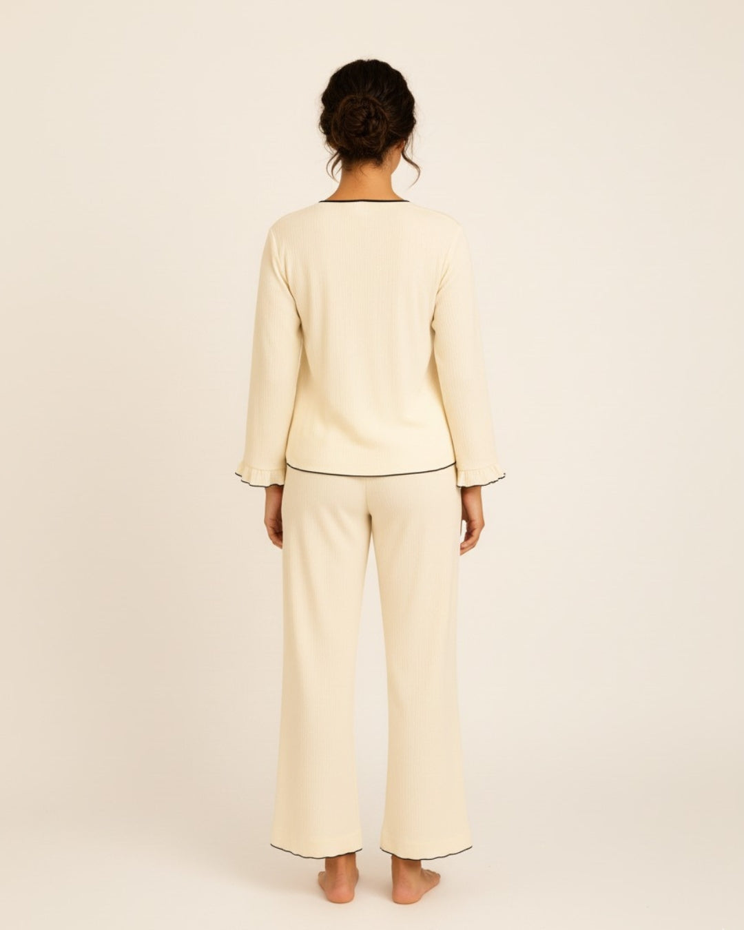 Women’s Cotton Pajama Set with Bow Tie Detail – Long Sleeve Top and Pants PJ Set