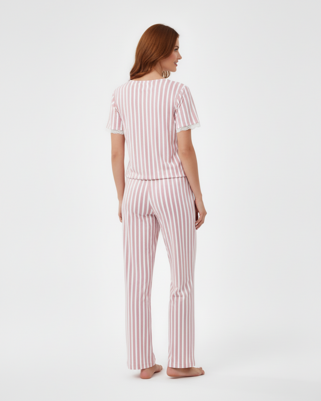 Women’s Pink Striped Pajama Set – Short Sleeve Top and Long Pants with Tie Waist
