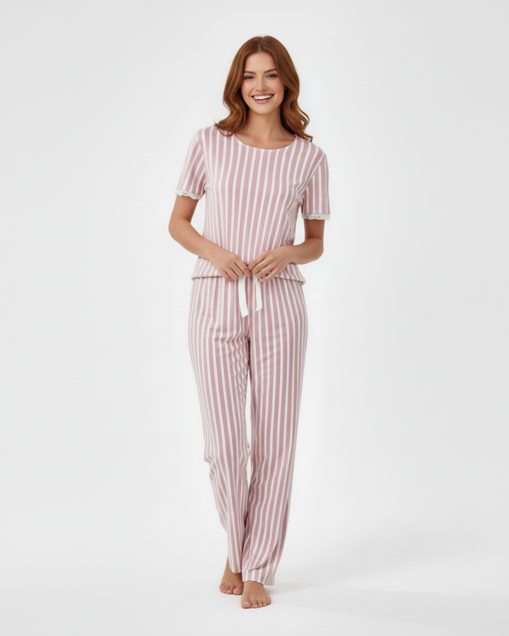 Women’s Pink Striped Pajama Set – Short Sleeve Top and Long Pants with Tie Waist