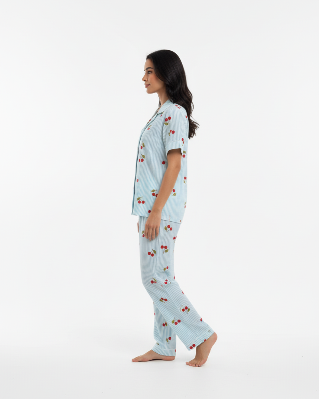 Blue Cherry Bliss Pajama Set – Short Sleeve Shirt & Full-Length Pants