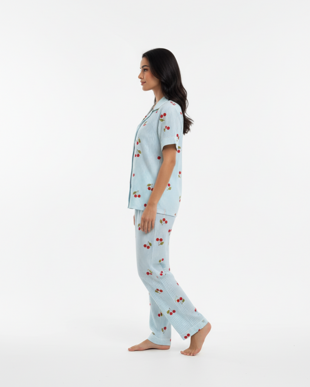 Blue Cherry Bliss Pajama Set – Short Sleeve Shirt & Full-Length Pants