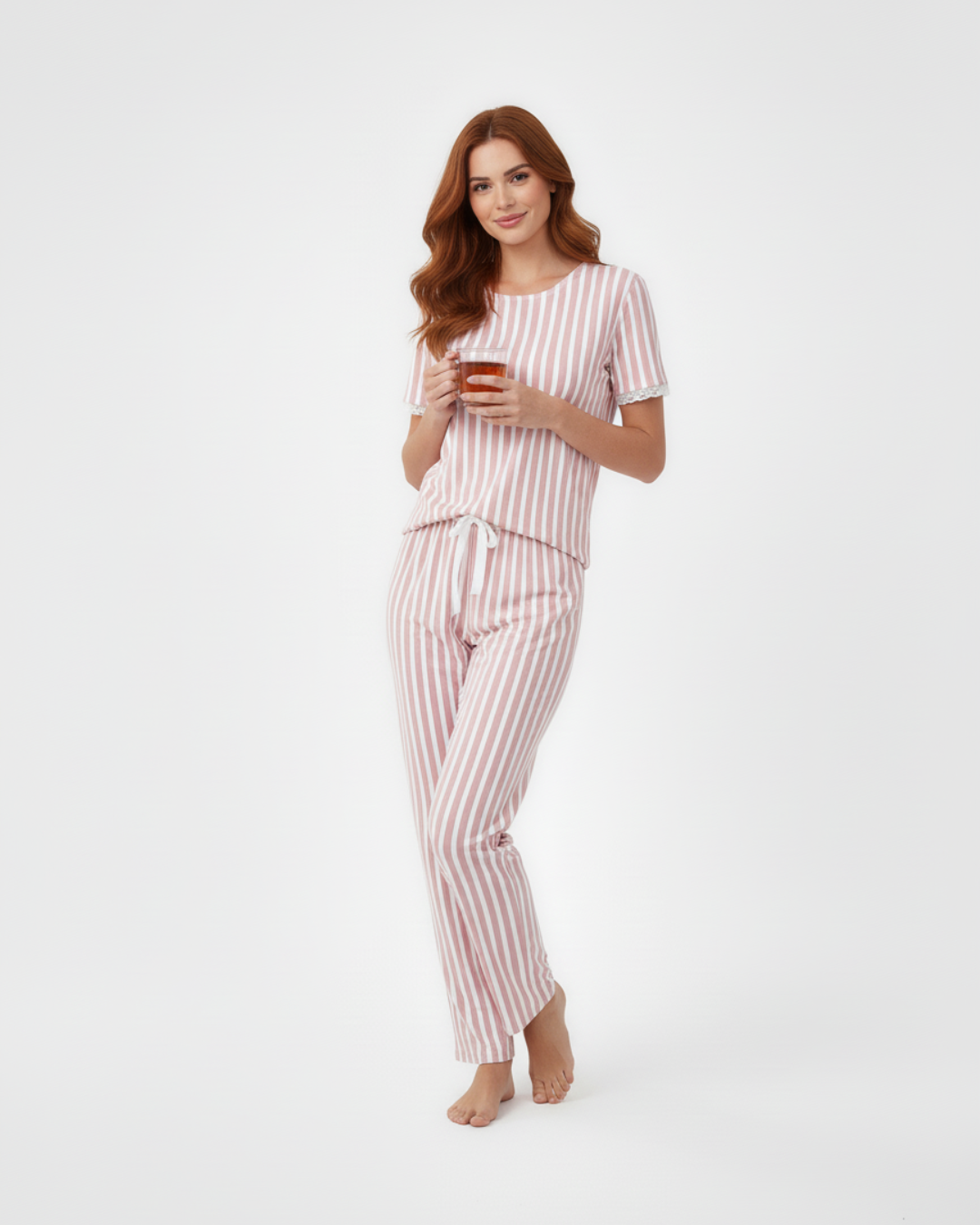 Women’s Pink Striped Pajama Set – Short Sleeve Top and Long Pants with Tie Waist