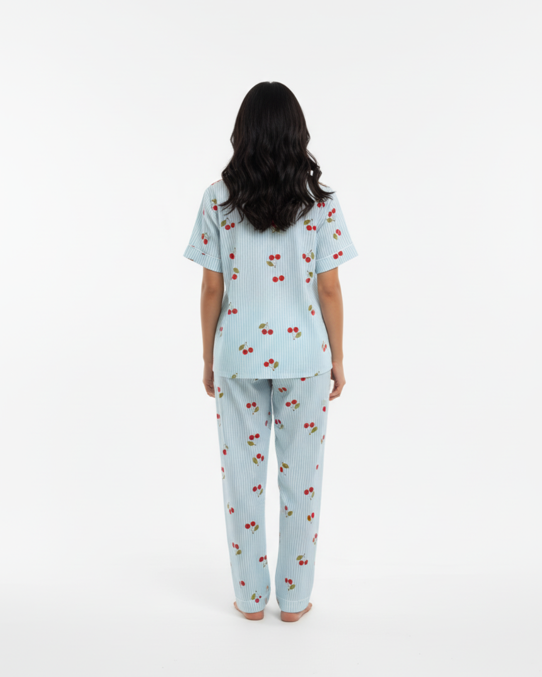 Blue Cherry Bliss Pajama Set – Short Sleeve Shirt & Full-Length Pants