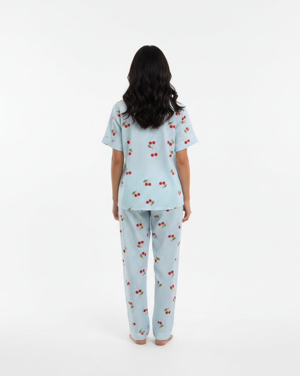 Blue Cherry Bliss Pajama Set – Short Sleeve Shirt & Full-Length Pants