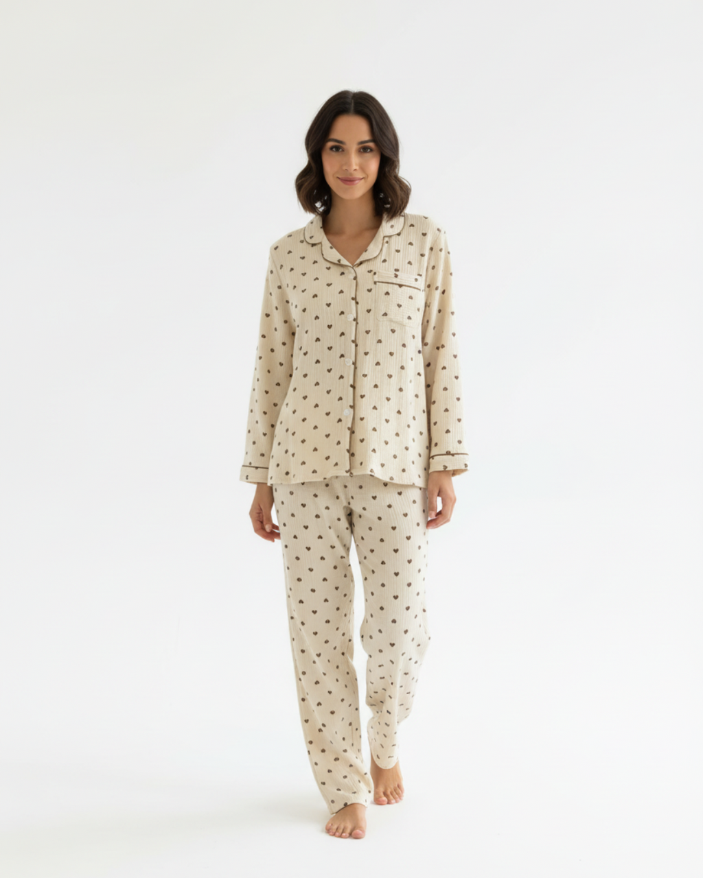 Women’s Beige Heart Print Pajama Set – Long Sleeve Button Down Top and Pants
