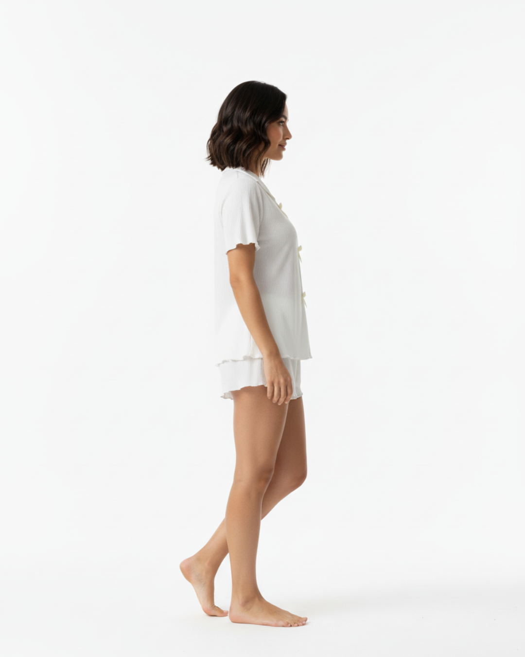 Women’s White Short Pajama Set – Cute Sleepwear with Bow Detail, Short Sleeve Top & Shorts