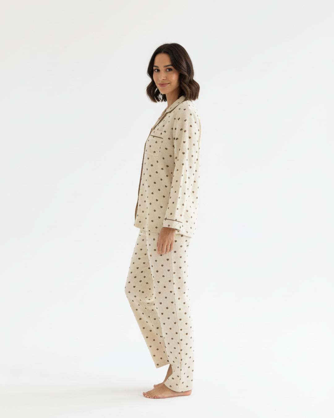 Women’s Beige Heart Print Pajama Set – Long Sleeve Button Down Top and Pants