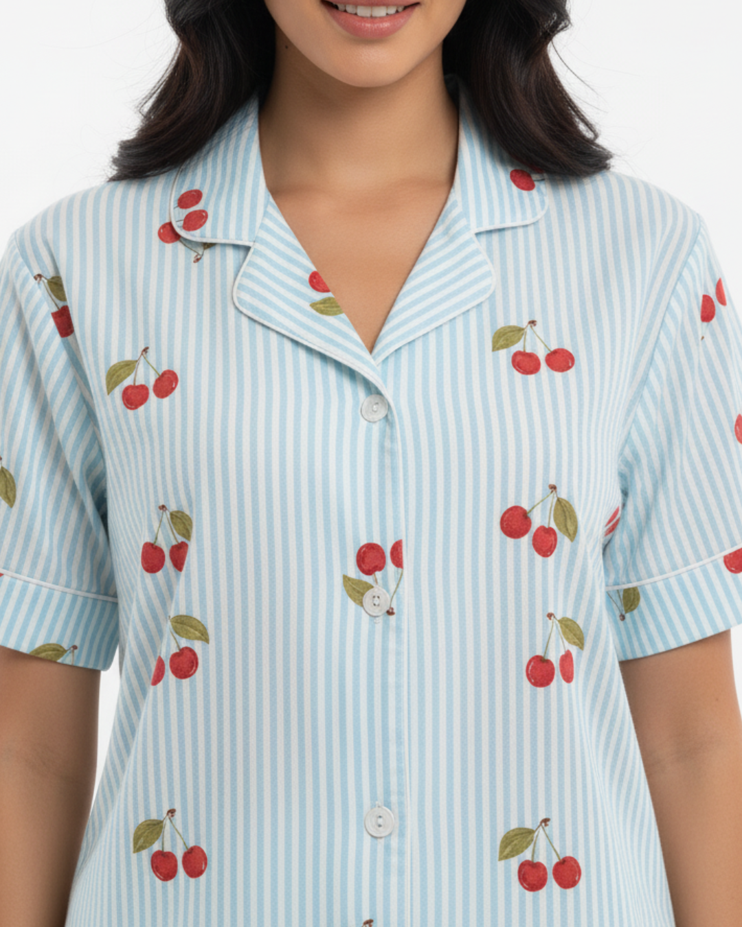 Blue Cherry Bliss Pajama Set – Short Sleeve Shirt & Full-Length Pants