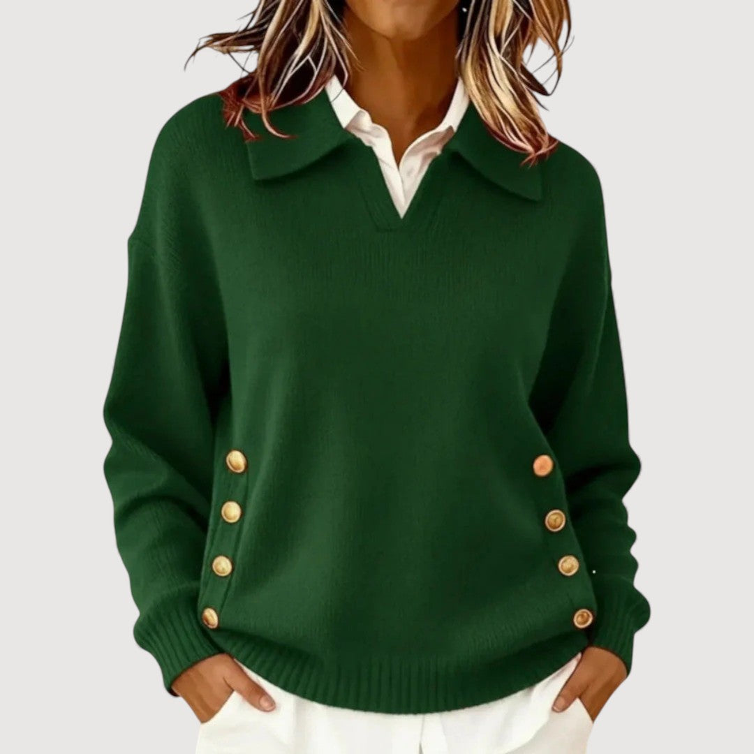 Women’s V-Neck Knit Sweater – Elegant Button-Detail Pullover