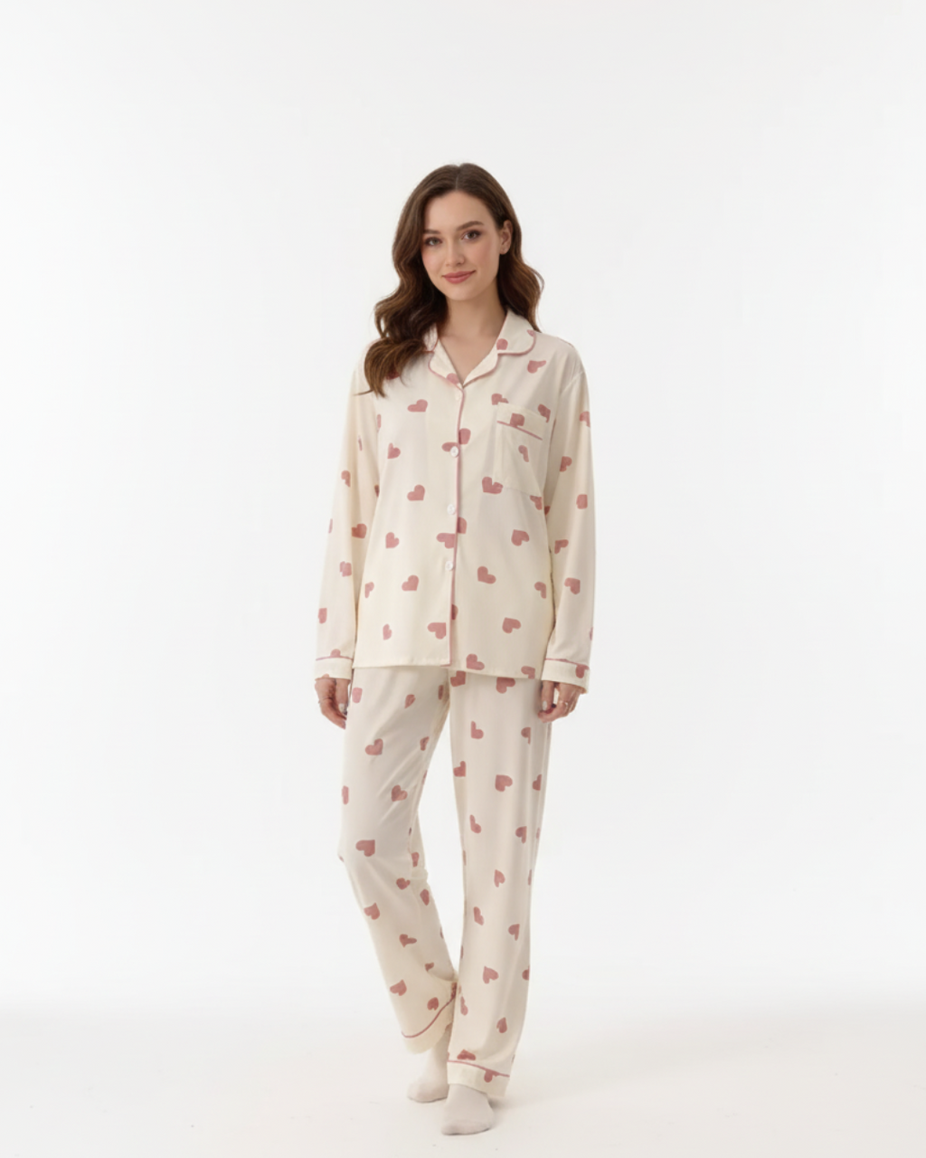 Women’s Cream Pajama Set with Pink Heart Print – Long Sleeve Button Down Top and Pants