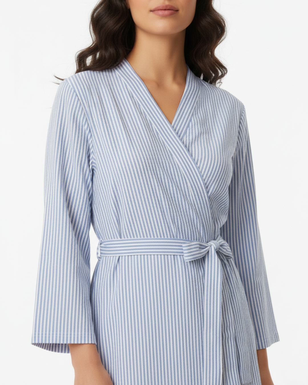 Women’s Blue and White Striped Kimono Robe – Lightweight Cotton Bathrobe