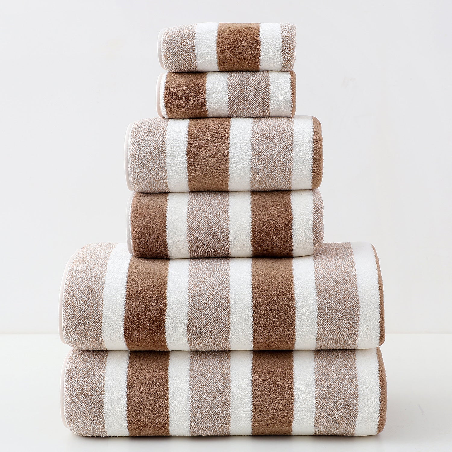6 pc Coral Fleece Towel Set – Wide and Narrow Striped Bath Towels