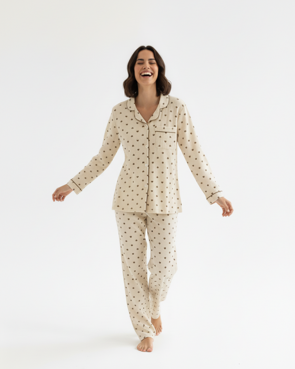 Women’s Beige Heart Print Pajama Set – Long Sleeve Button Down Top and Pants