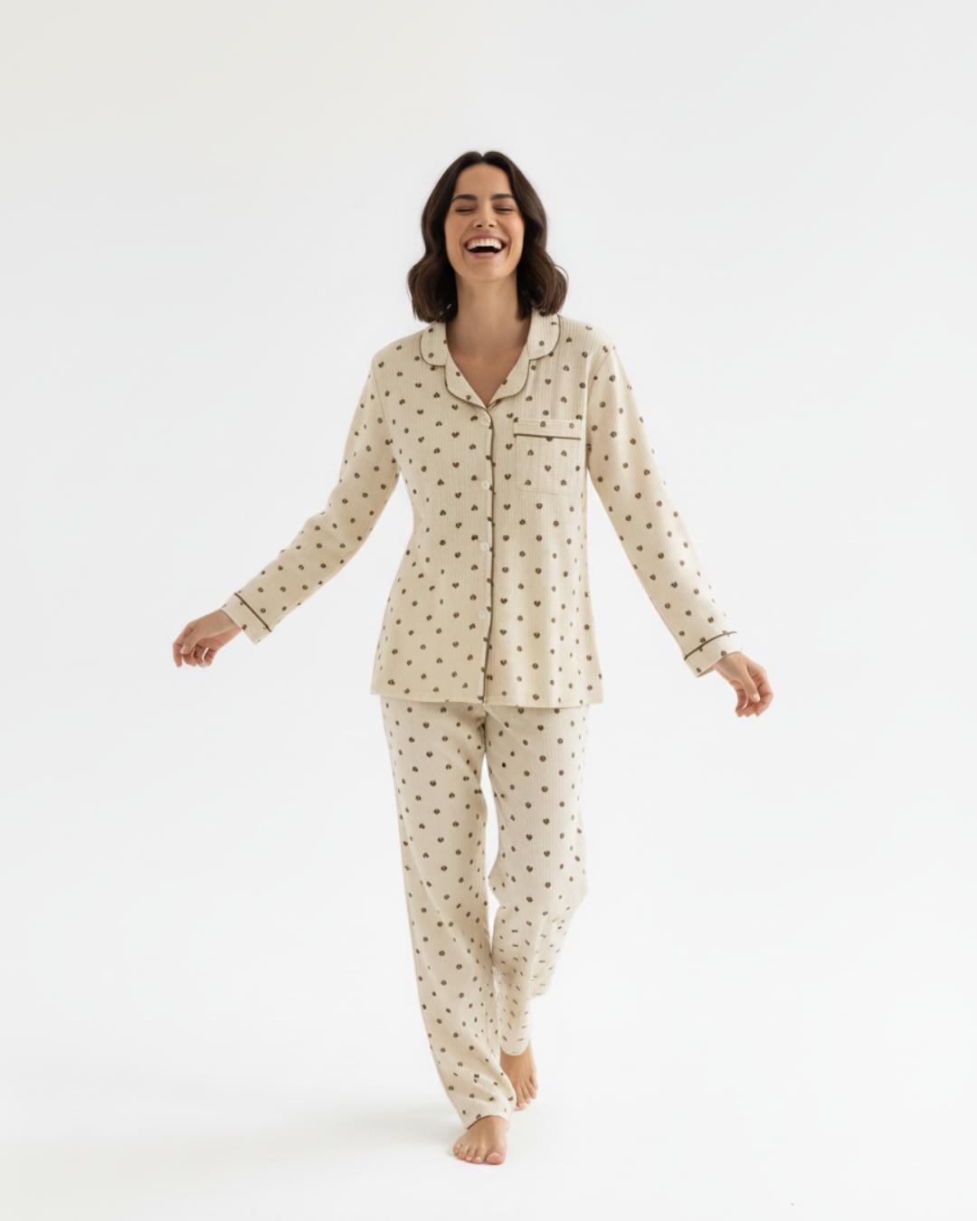 Women’s Beige Heart Print Pajama Set – Long Sleeve Button Down Top and Pants
