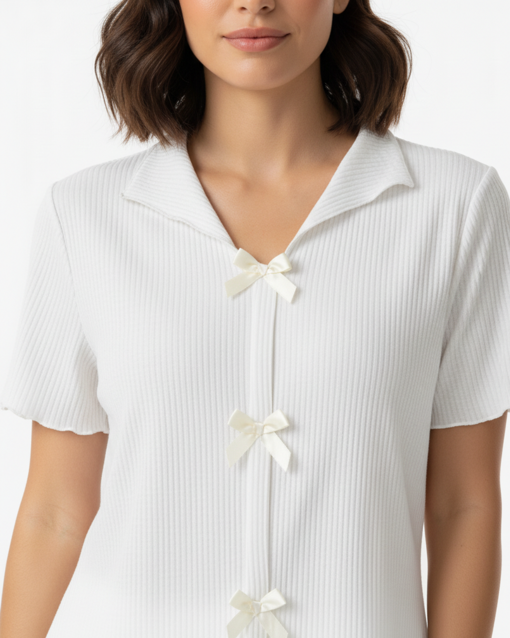 Women’s White Short Pajama Set – Cute Sleepwear with Bow Detail, Short Sleeve Top & Shorts