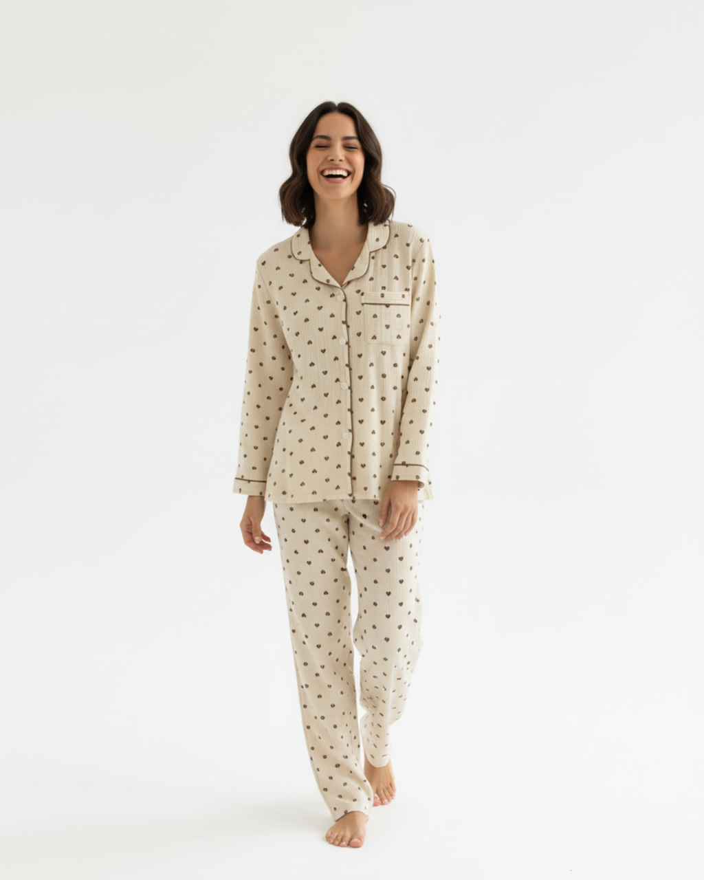 Women’s Beige Heart Print Pajama Set – Long Sleeve Button Down Top and Pants
