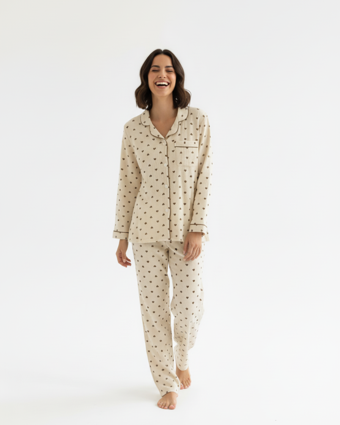 Women’s Beige Heart Print Pajama Set – Long Sleeve Button Down Top and Pants