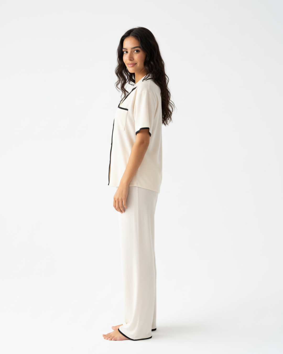 Soft Touch Cream Pajama Set – Short Sleeve Top & Full-Length Pants