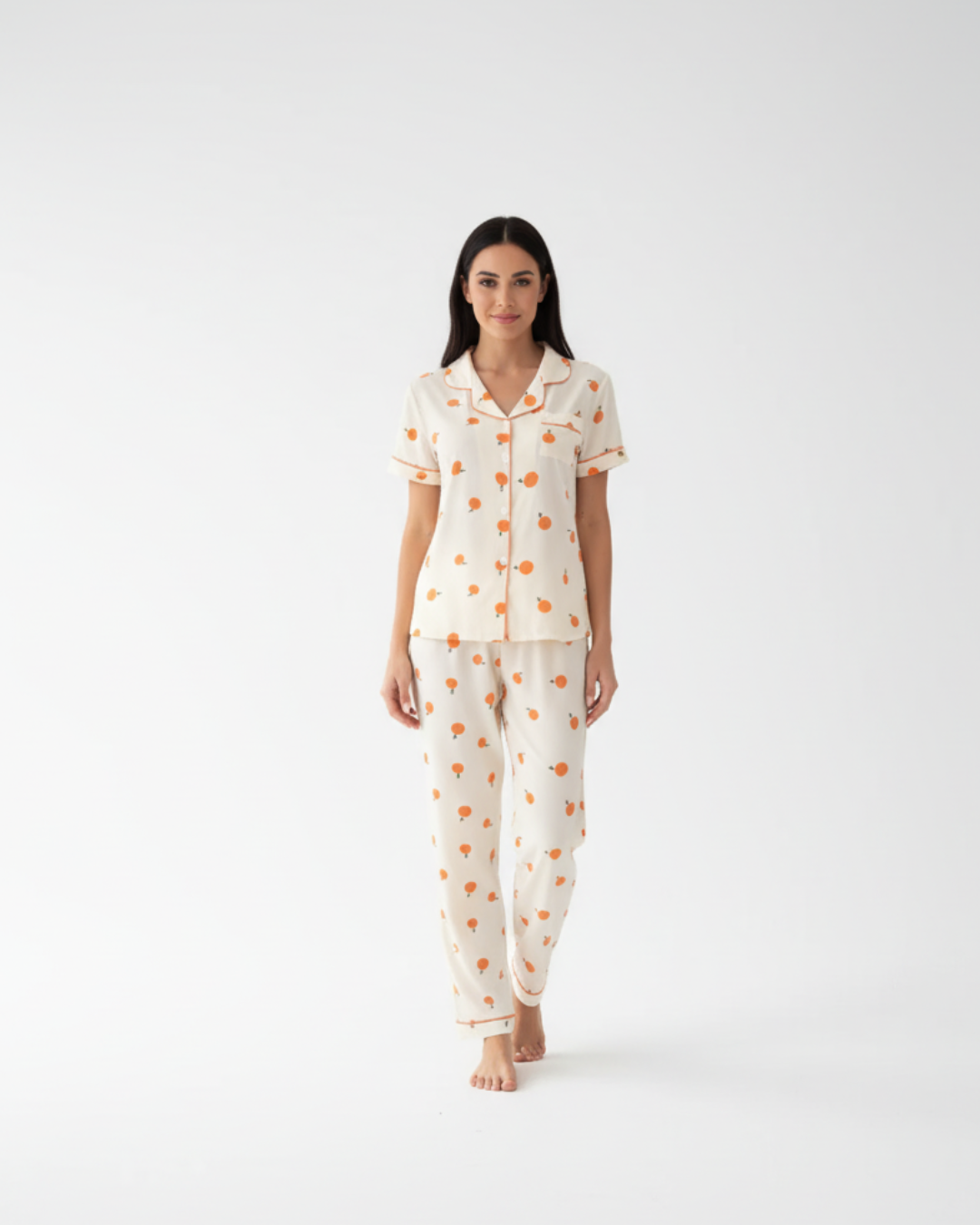 Women’s Cream Pajama Set with Orange Print – Short Sleeve Button Down Top and Pants