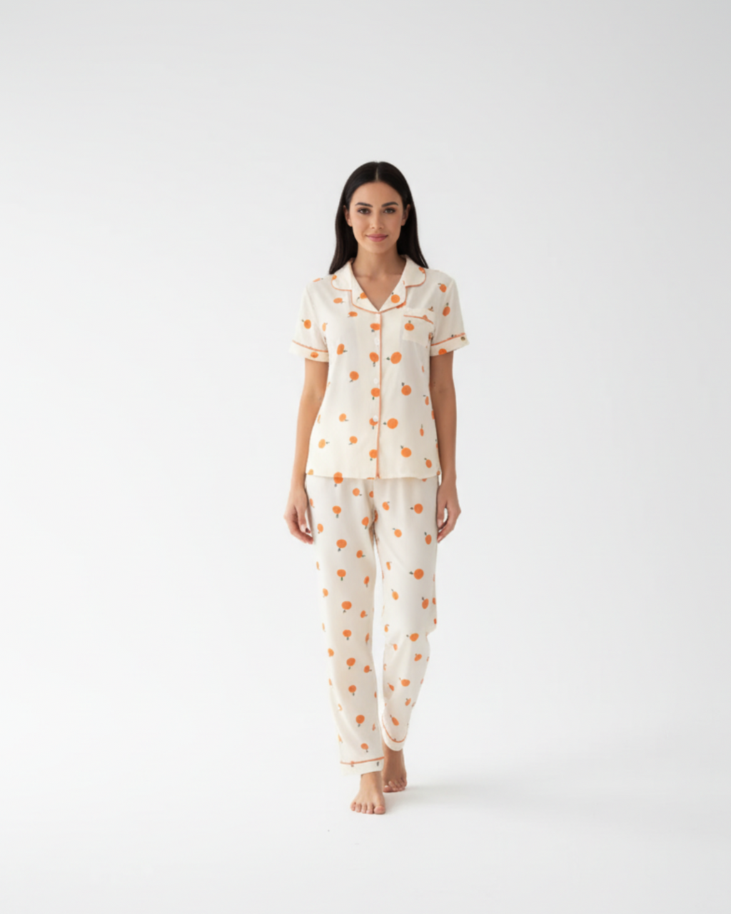 Women’s Cream Pajama Set with Orange Print – Short Sleeve Button Down Top and Pants