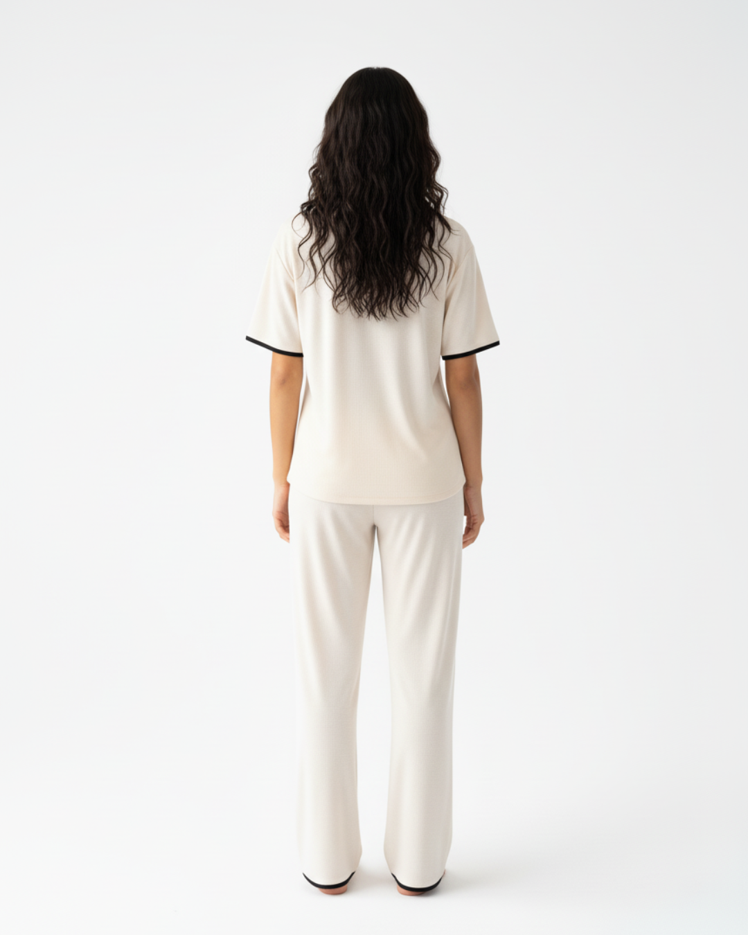 Soft Touch Cream Pajama Set – Short Sleeve Top & Full-Length Pants