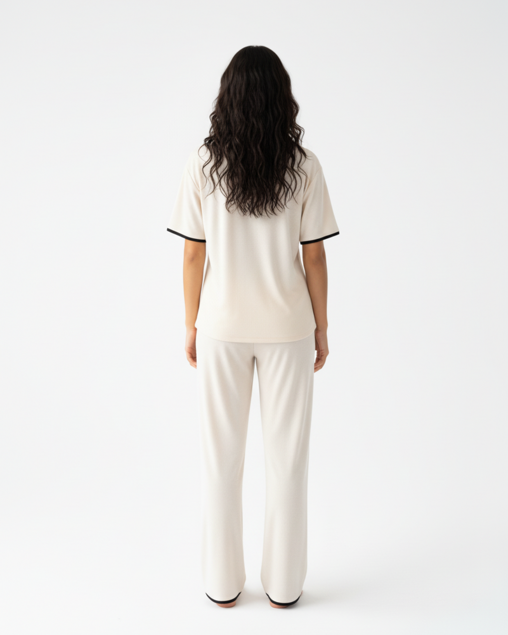 Soft Touch Cream Pajama Set – Short Sleeve Top & Full-Length Pants