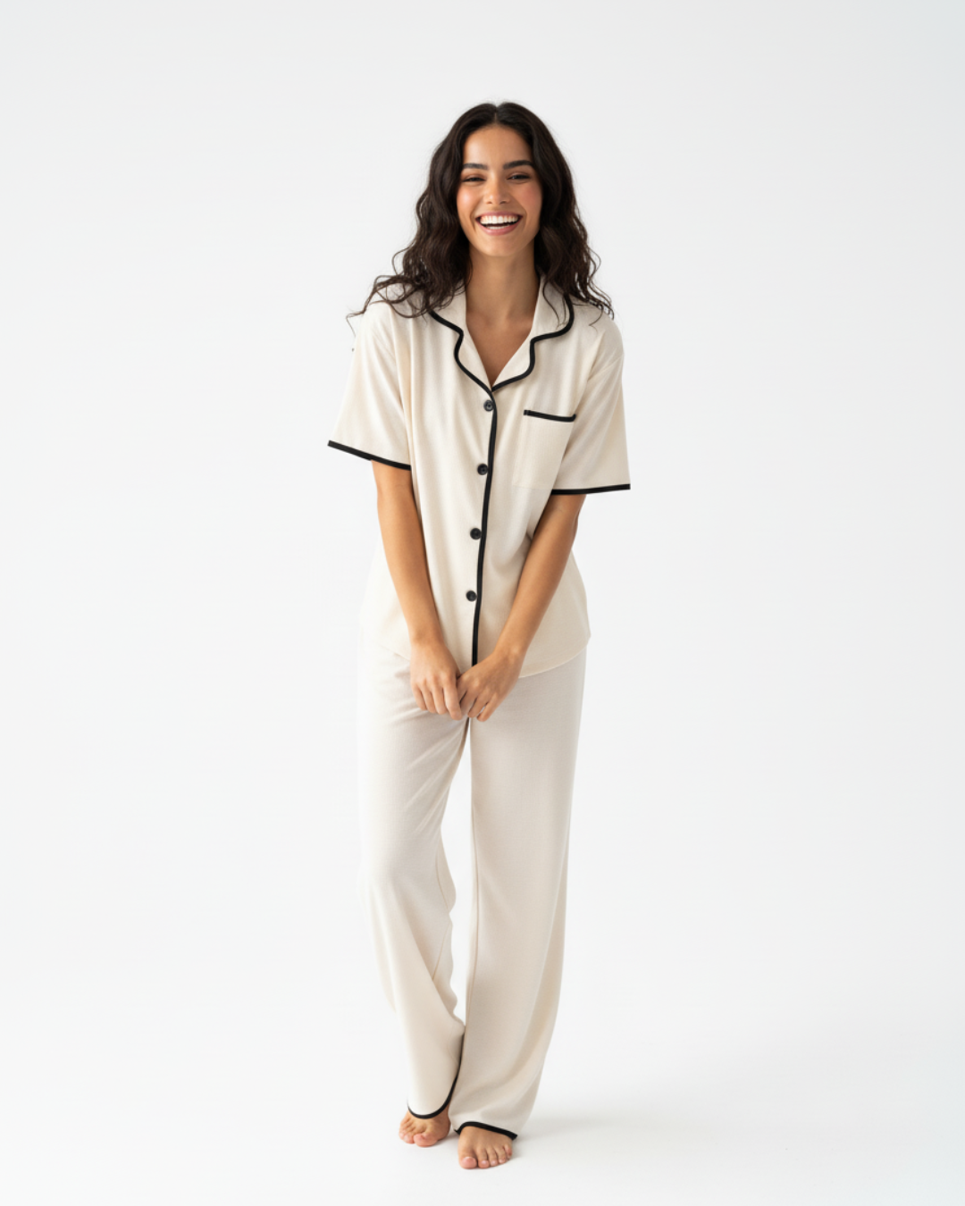 Soft Touch Cream Pajama Set – Short Sleeve Top & Full-Length Pants