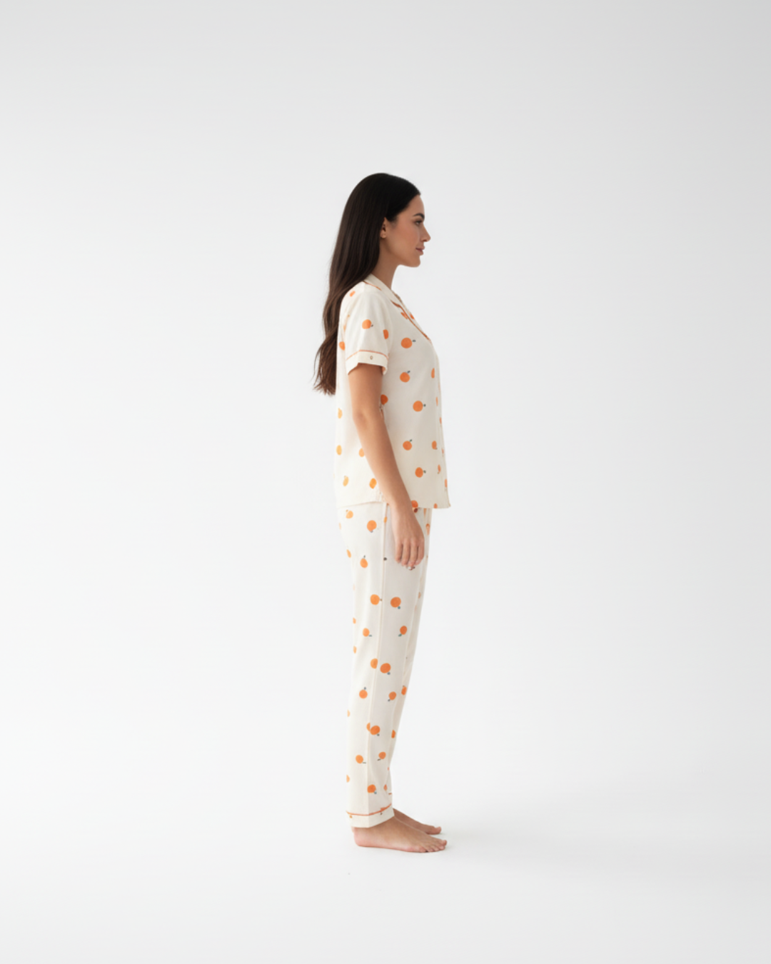 Women’s Cream Pajama Set with Orange Print – Short Sleeve Button Down Top and Pants
