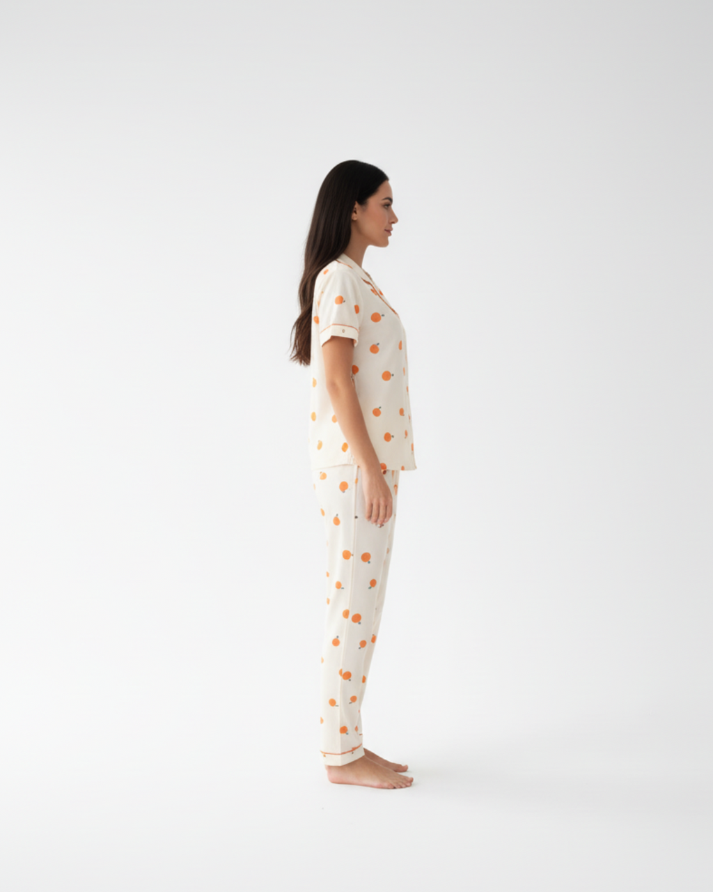 Women’s Cream Pajama Set with Orange Print – Short Sleeve Button Down Top and Pants
