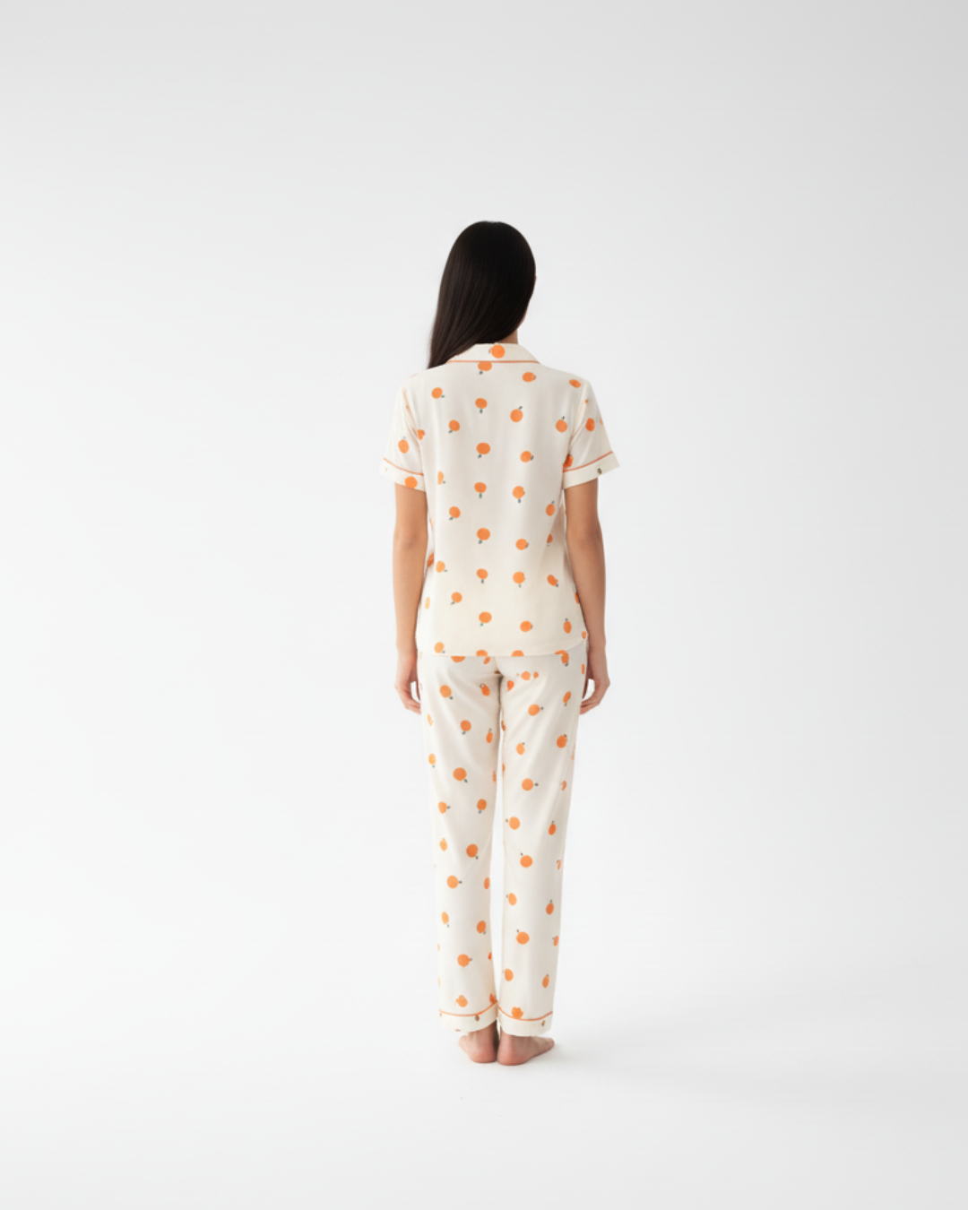 Women’s Cream Pajama Set with Orange Print – Short Sleeve Button Down Top and Pants