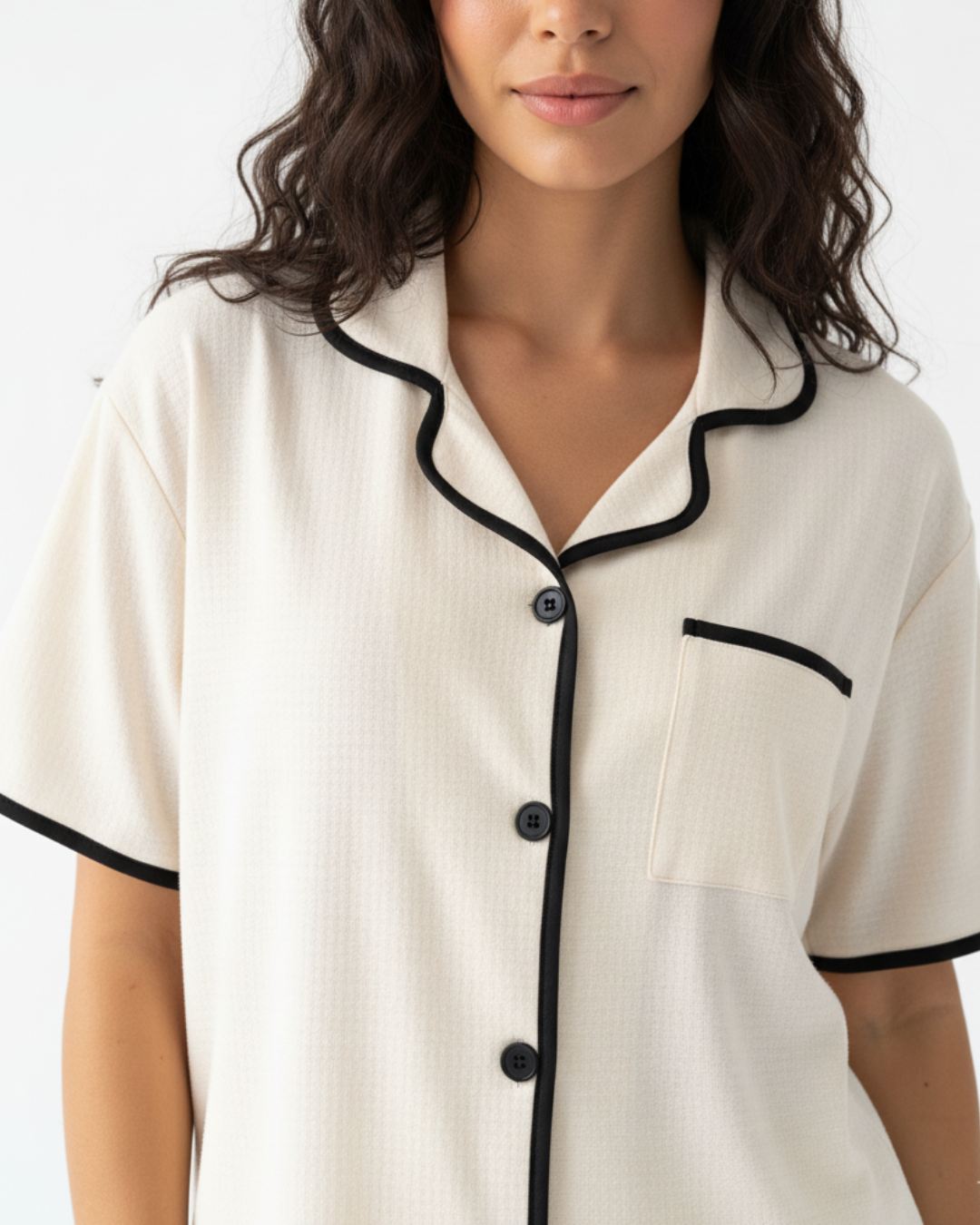 Soft Touch Cream Pajama Set – Short Sleeve Top & Full-Length Pants