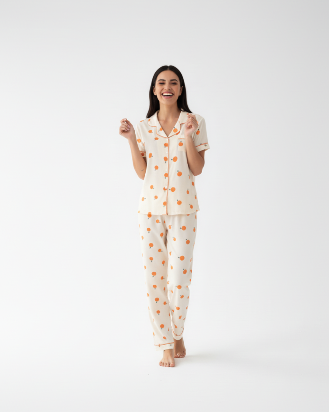 Women’s Cream Pajama Set with Orange Print – Short Sleeve Button Down Top and Pants