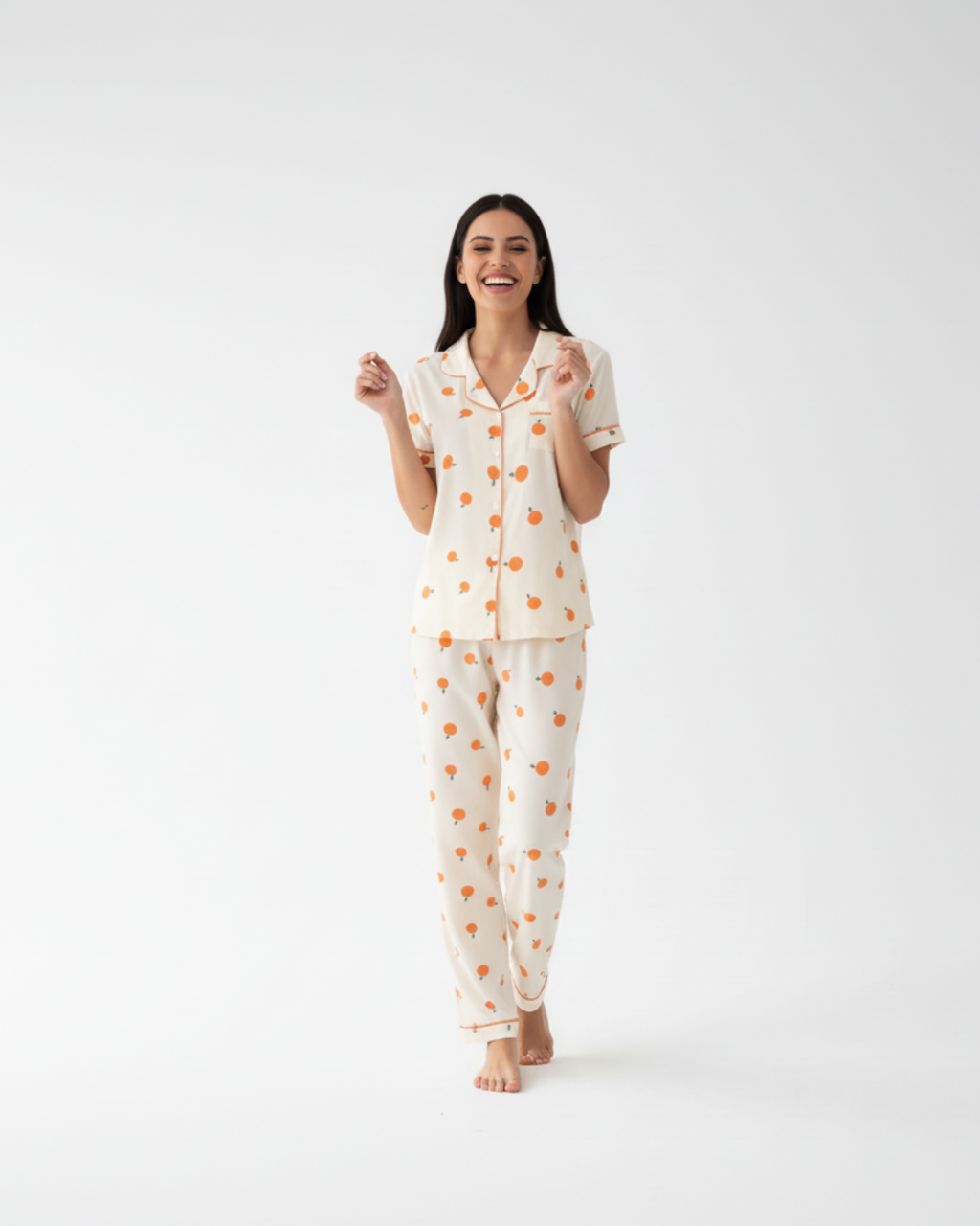 Women’s Cream Pajama Set with Orange Print – Short Sleeve Button Down Top and Pants