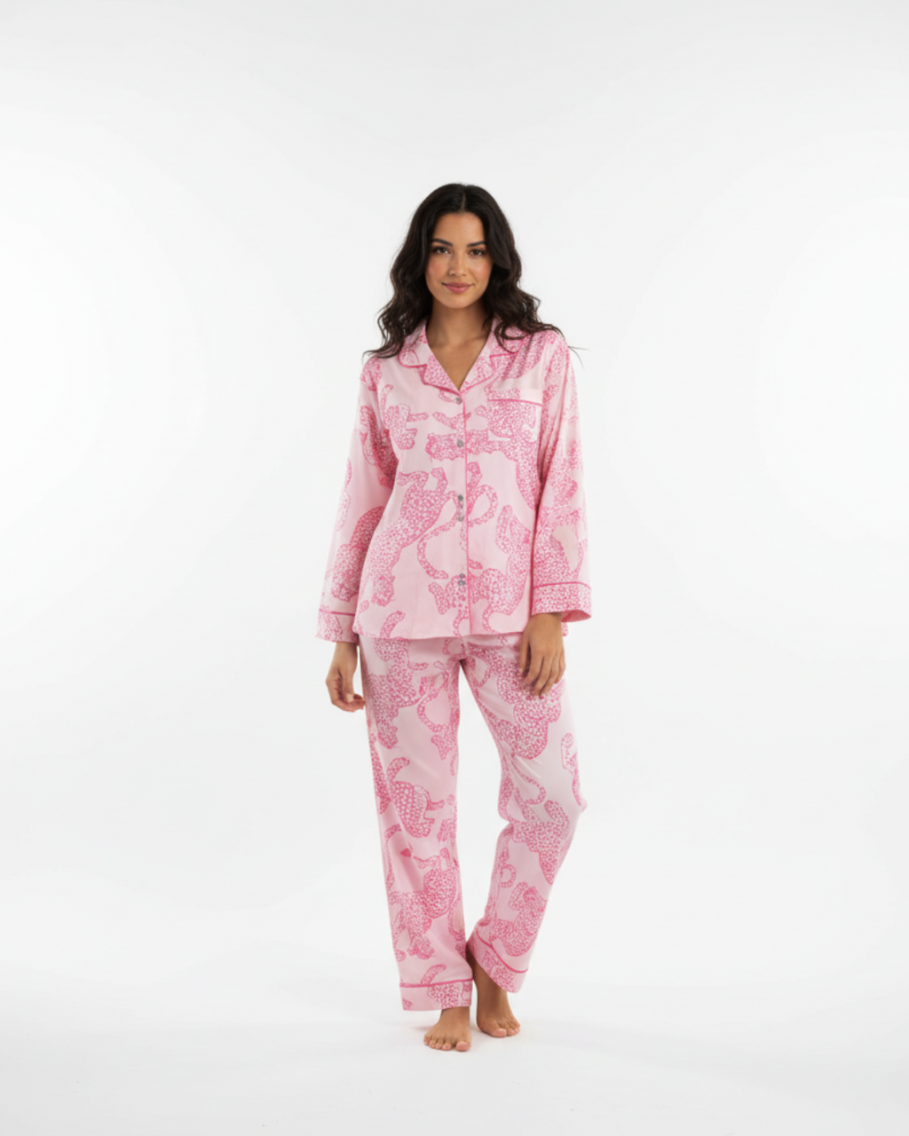 Women’s Pink Tiger Print Pajama Set – Long Sleeve Button Down Top and Pants