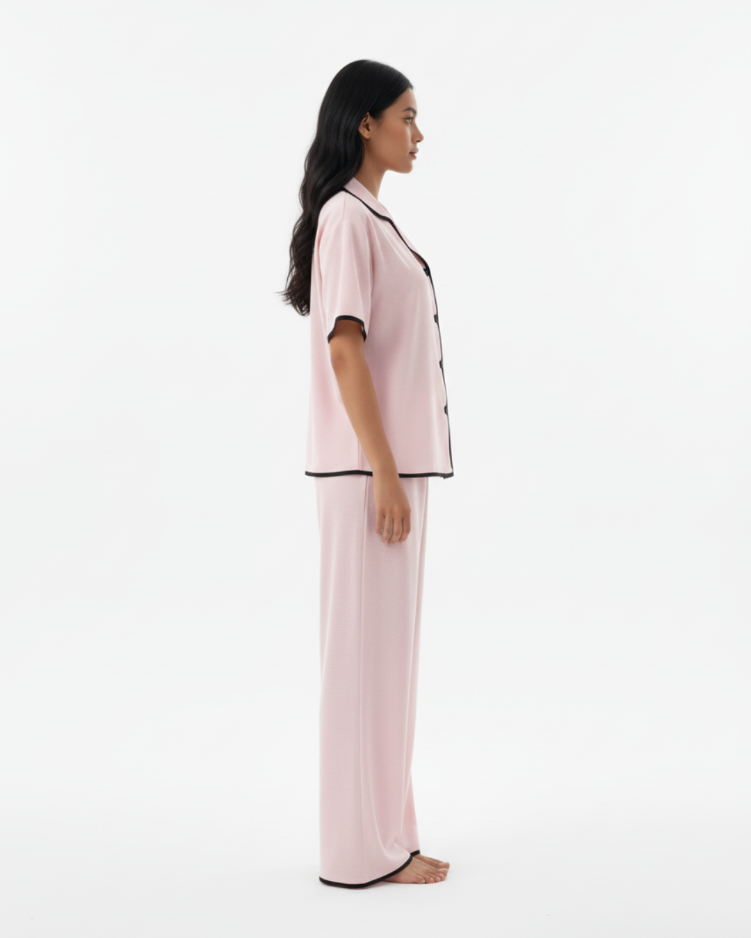 Blush Pink Soft Pajama Set – Short Sleeve Top & Long Pants with Black Trim
