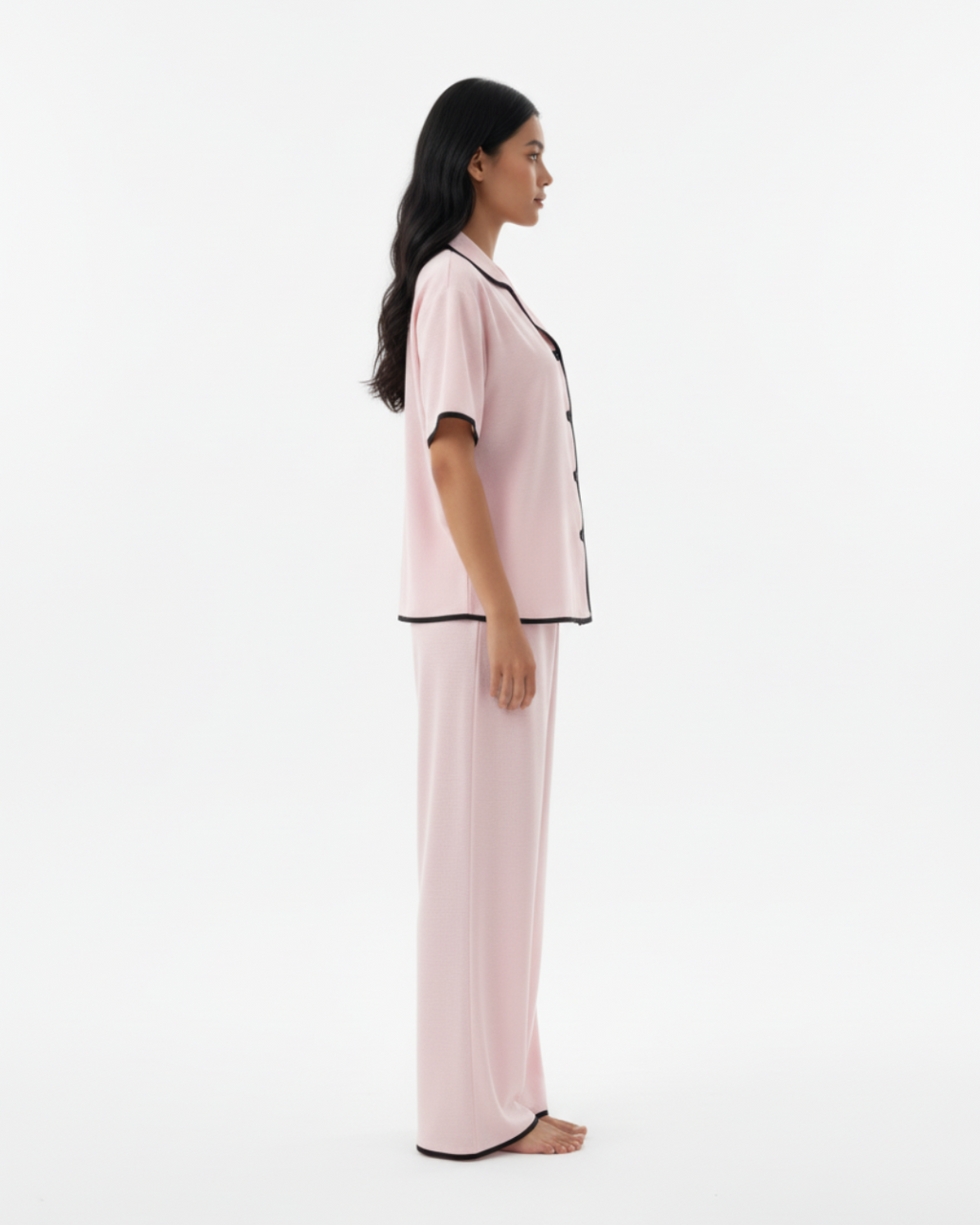 Blush Pink Soft Pajama Set – Short Sleeve Top & Long Pants with Black Trim