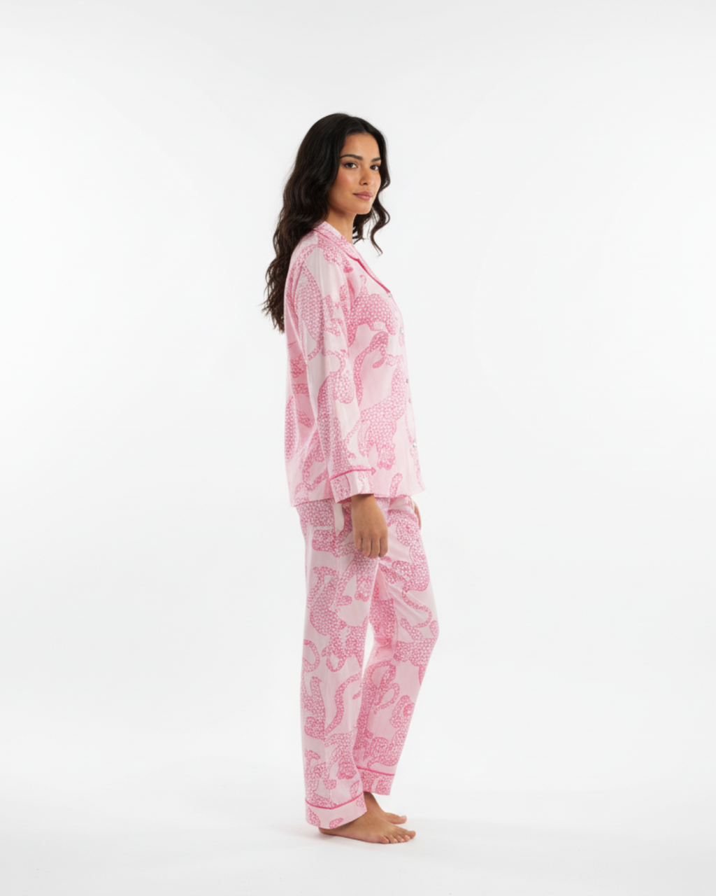 Women’s Pink Tiger Print Pajama Set – Long Sleeve Button Down Top and Pants