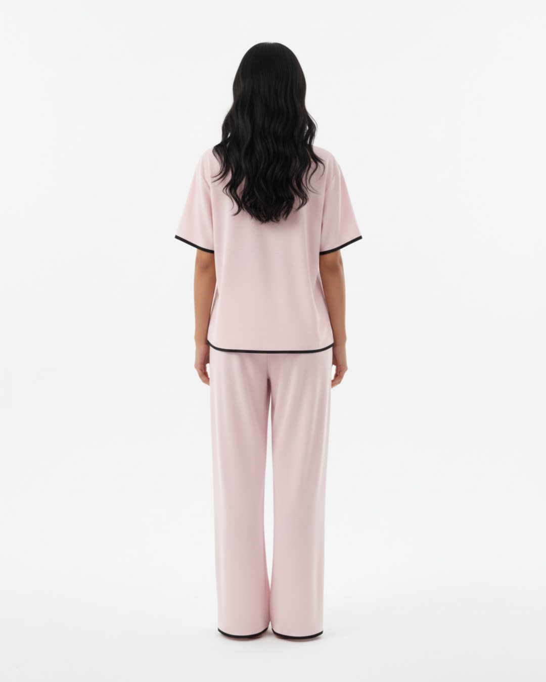 Blush Pink Soft Pajama Set – Short Sleeve Top & Long Pants with Black Trim