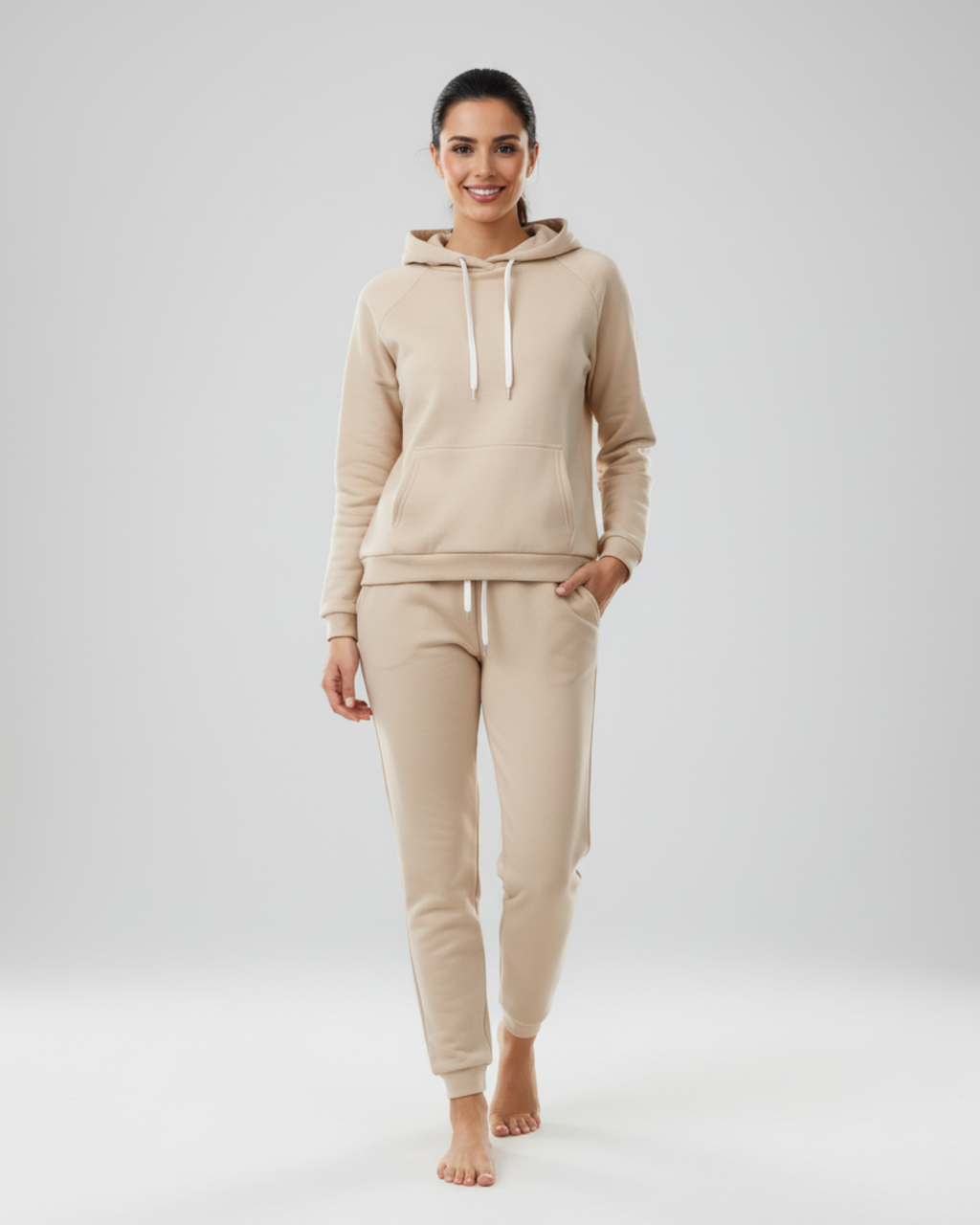 Women’s Sand Beige Hoodie Jogger Set – Two Piece Loungewear Tracksuit