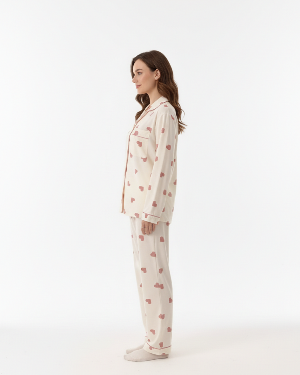 Women’s Cream Pajama Set with Pink Heart Print – Long Sleeve Button Down Top and Pants