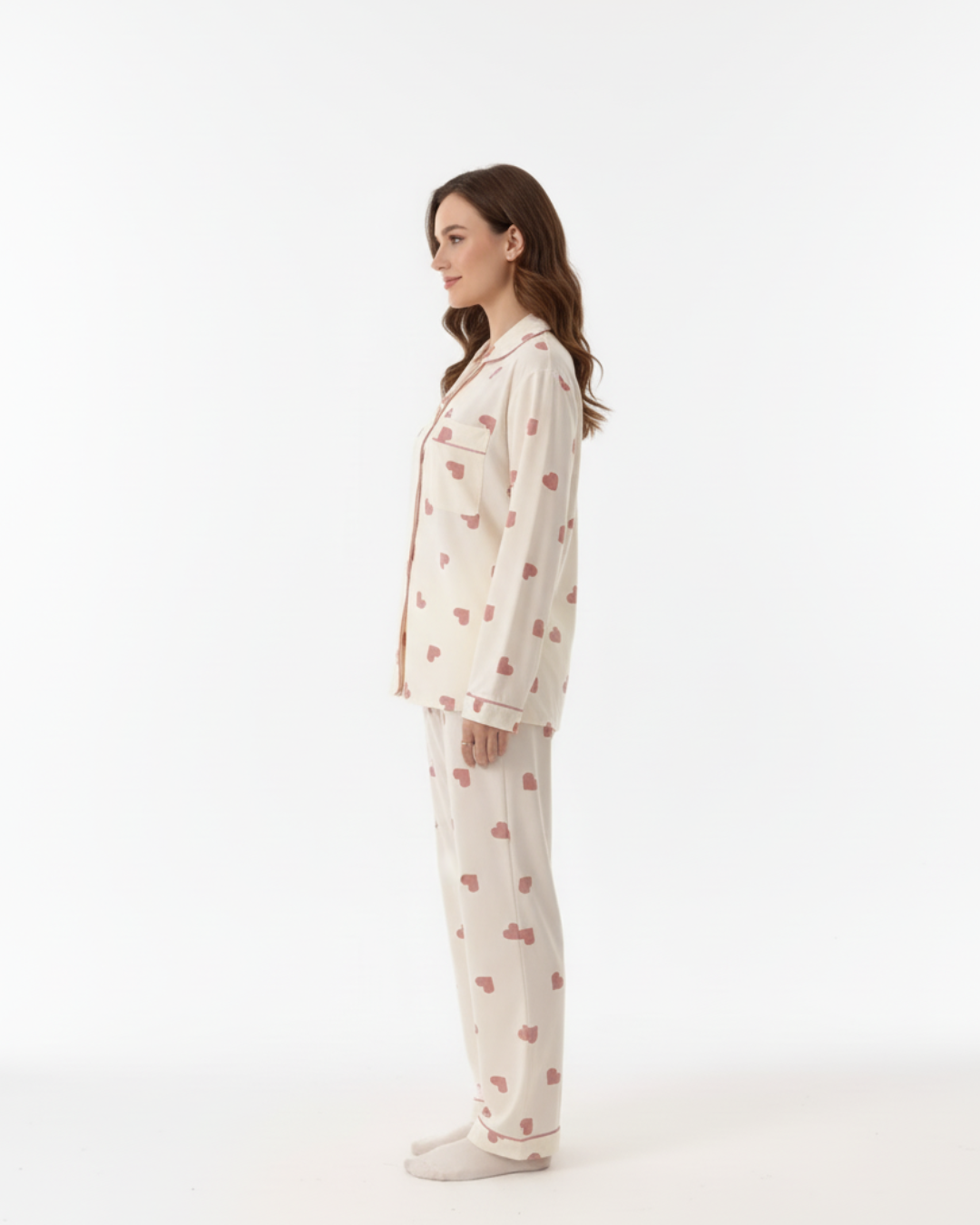 Women’s Cream Pajama Set with Pink Heart Print – Long Sleeve Button Down Top and Pants